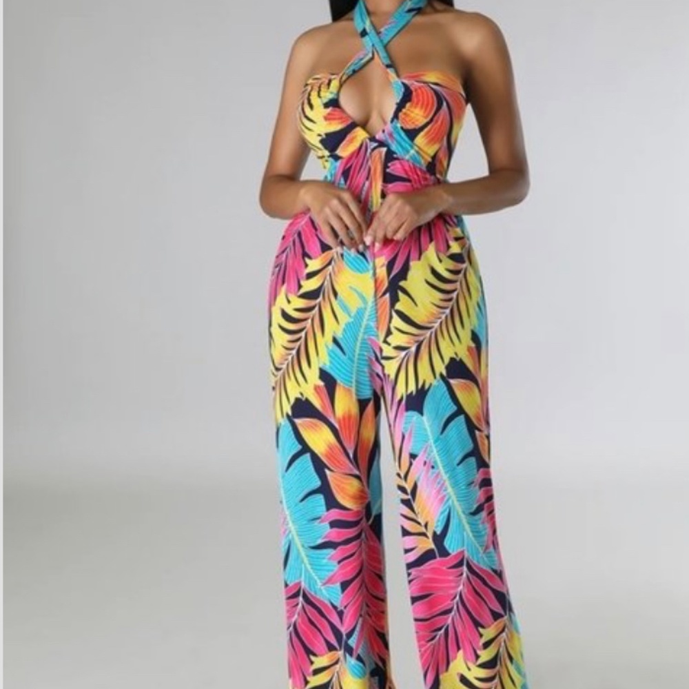 Sexy Tropical wideleg stretch halter jumpsuit